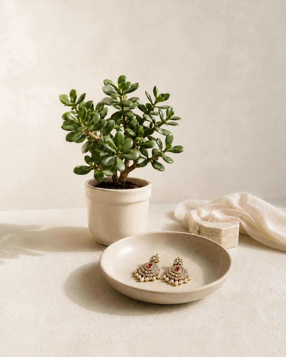 A pair of pearl and polki jhumkas resting in a ceramic dish beside a jade plant