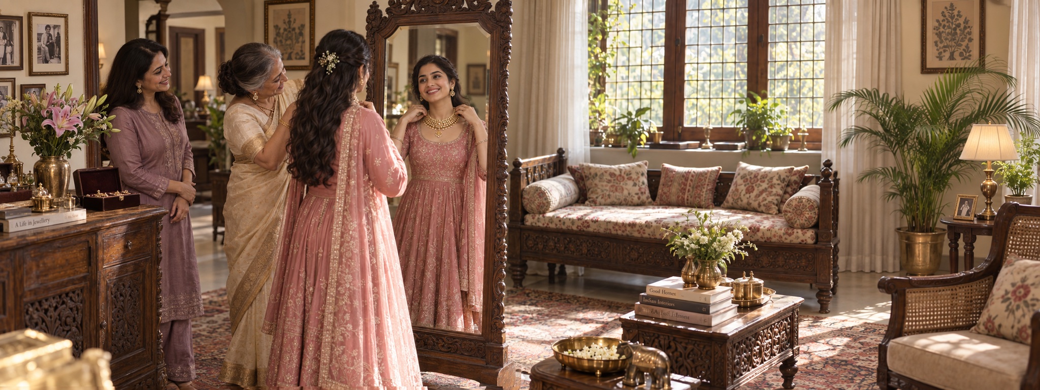 A woman trying on a gold necklace at a full-length mirror at home, her mother fastening it while another woman watches.